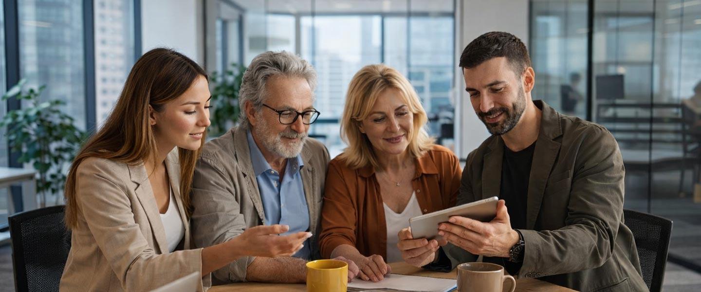 Family business members discussing strategy during a collaborative meeting