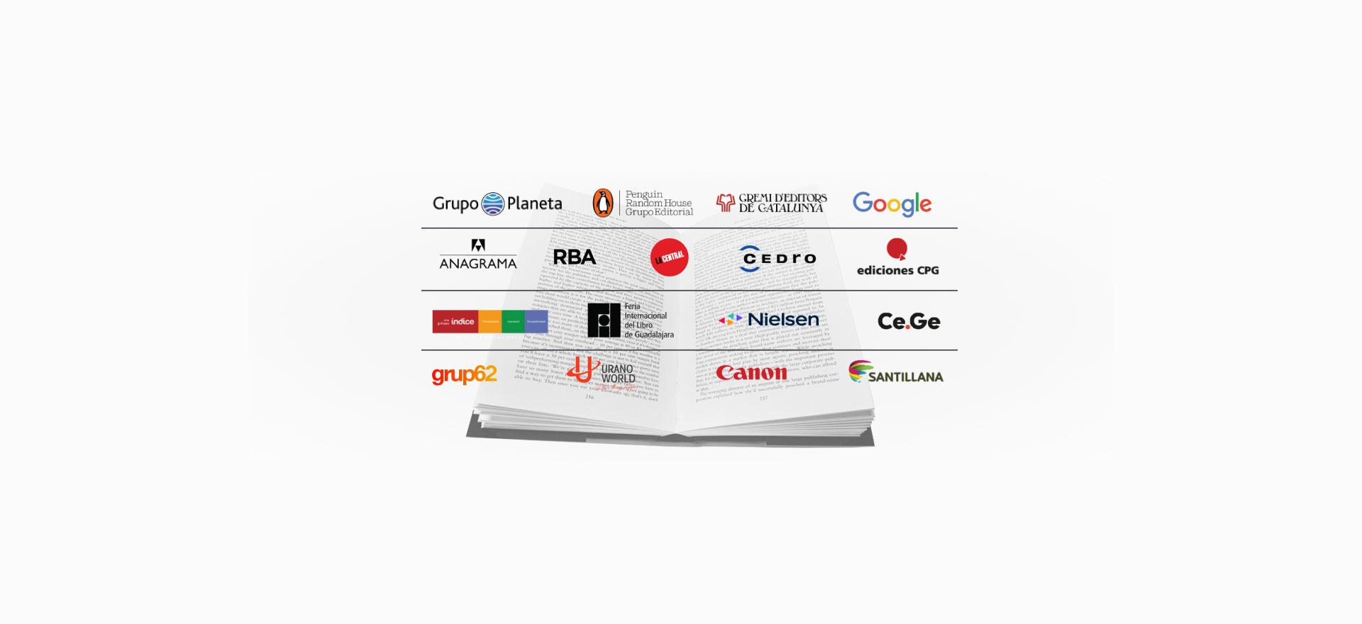 Logos of publishing and media companies displayed above an open book, showcasing industry collaborators