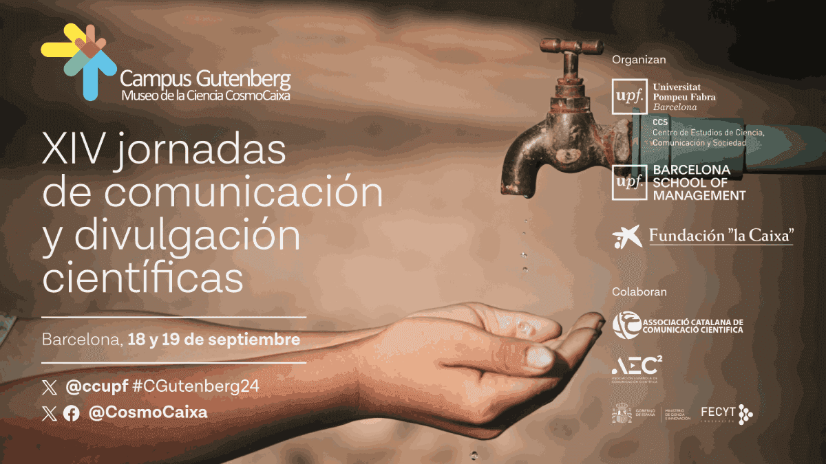 Cartel Campus Gutenberg en el que se ve una mano debajo de un grifo para representar el problema de la sequía