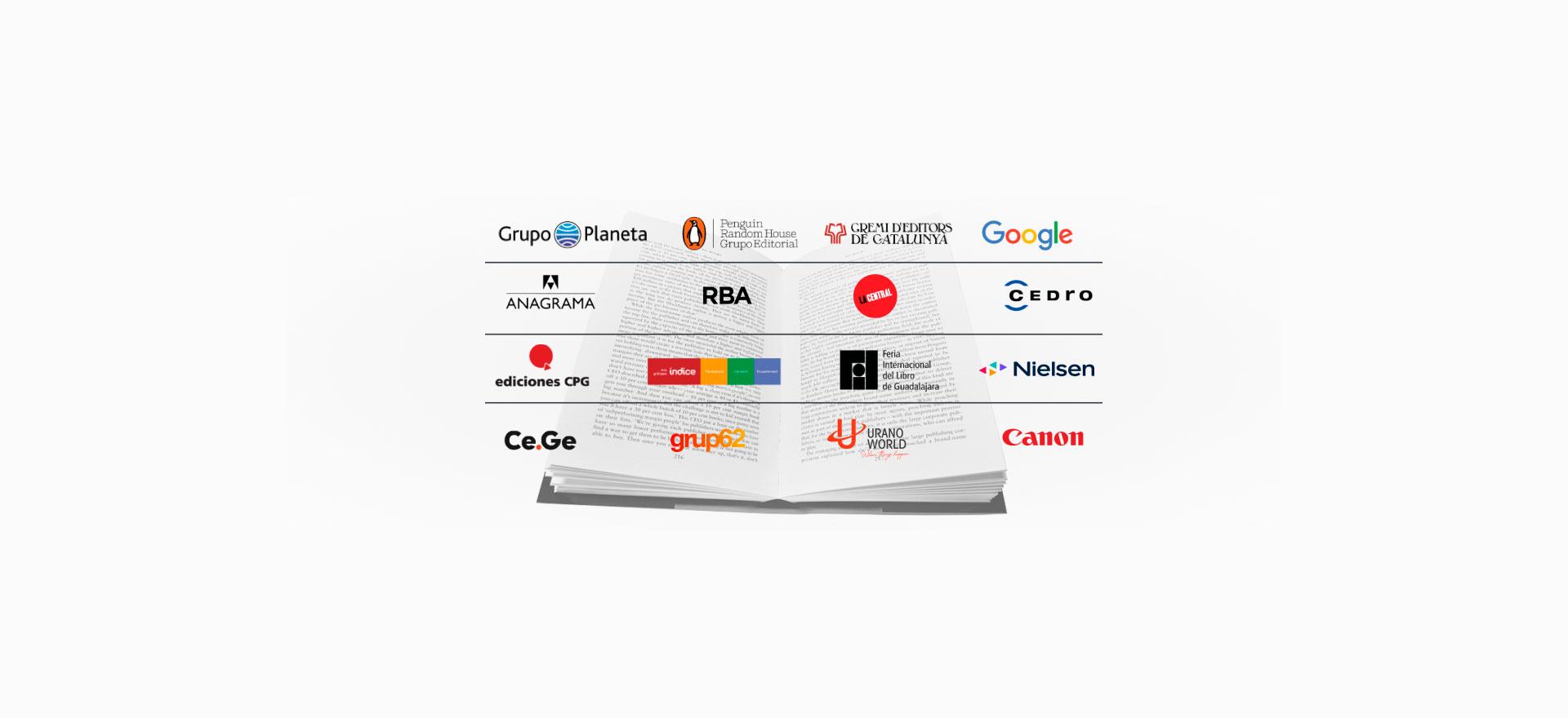 Logos of publishing & media companies displayed above an open book, showcasing industry collaborators